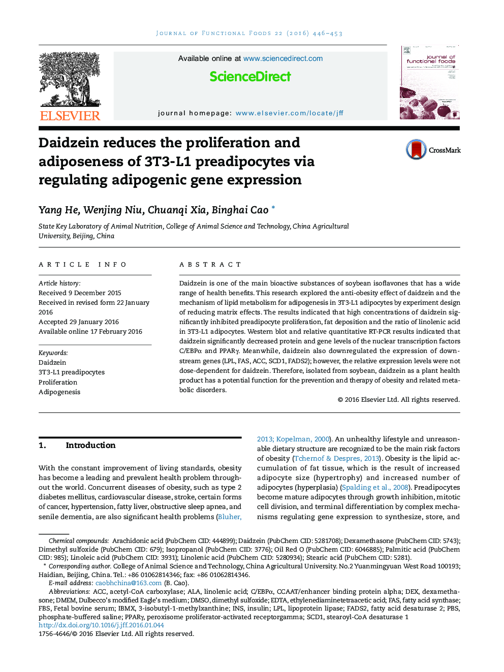 Daidzein reduces the proliferation and adiposeness of 3T3-L1 preadipocytes via regulating adipogenic gene expression