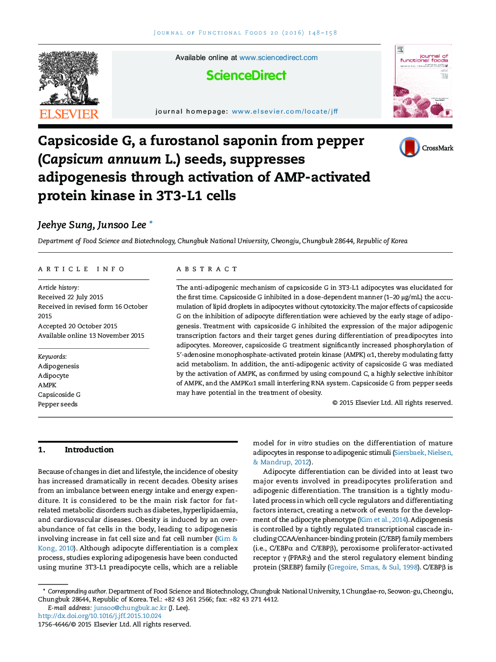 Capsicoside G, a furostanol saponin from pepper (Capsicum annuum L.) seeds, suppresses adipogenesis through activation of AMP-activated protein kinase in 3T3-L1 cells