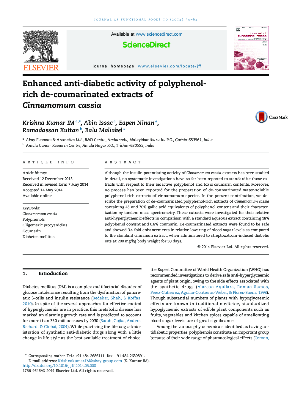 Enhanced anti-diabetic activity of polyphenol-rich de-coumarinated extracts of Cinnamomum cassia