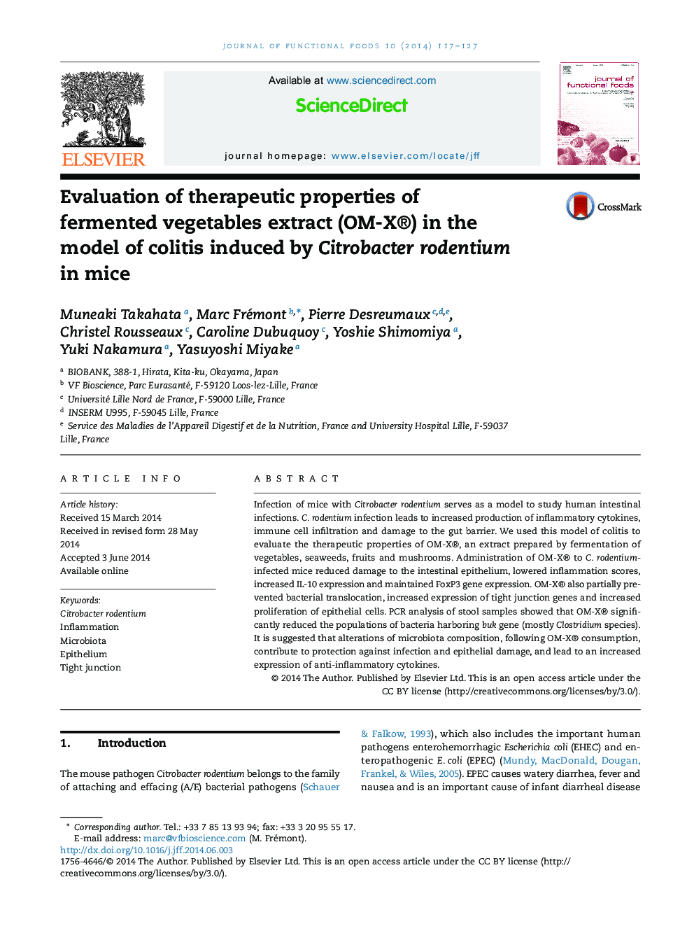 Evaluation of therapeutic properties of fermented vegetables extract (OM-X®) in the model of colitis induced by Citrobacter rodentium in mice