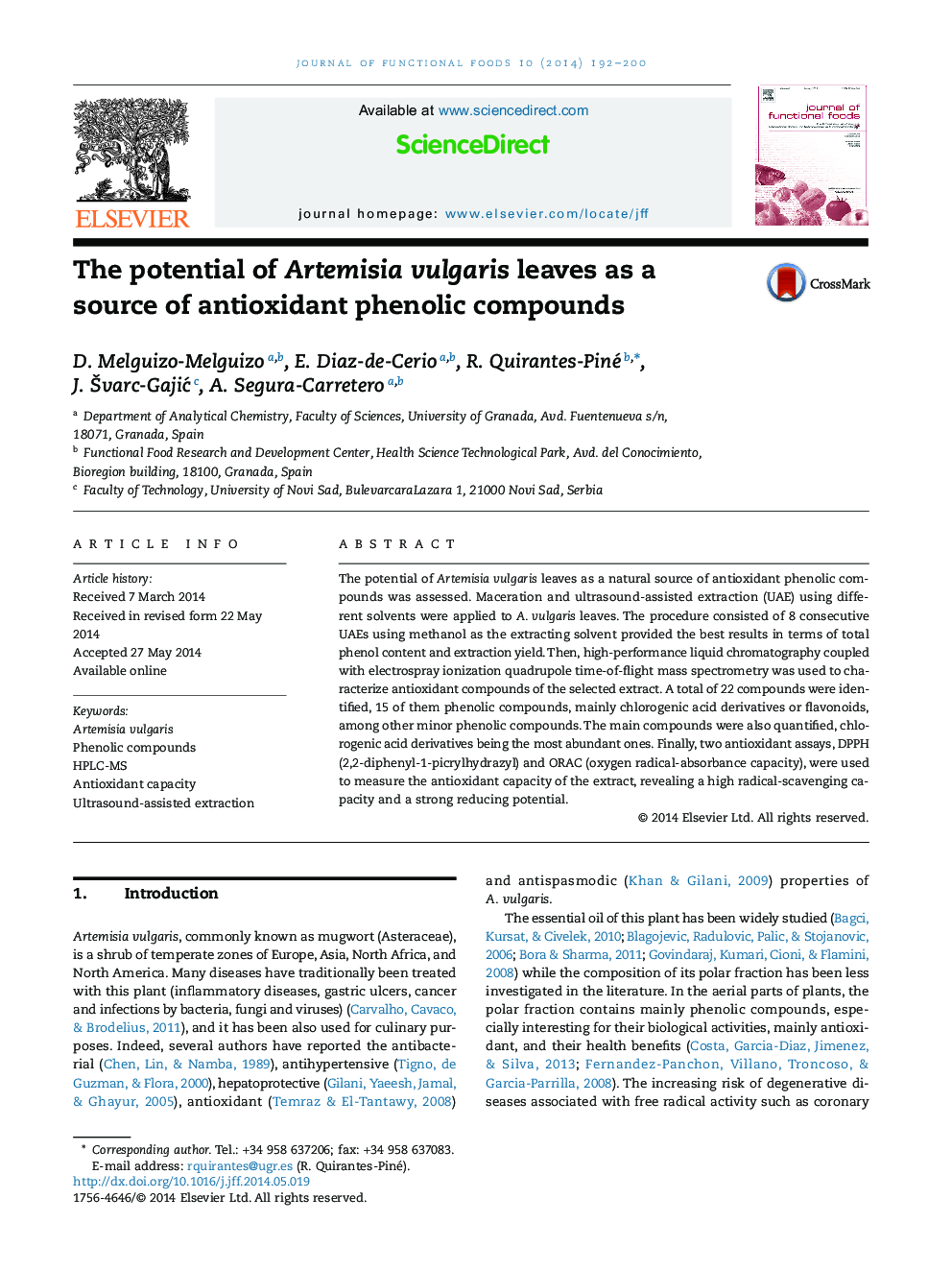 The potential of Artemisia vulgaris leaves as a source of antioxidant phenolic compounds