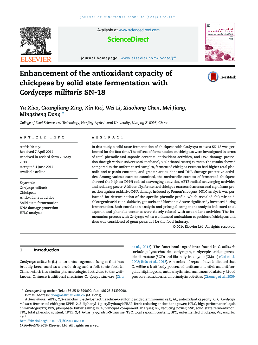 Enhancement of the antioxidant capacity of chickpeas by solid state fermentation with Cordyceps militaris SN-18
