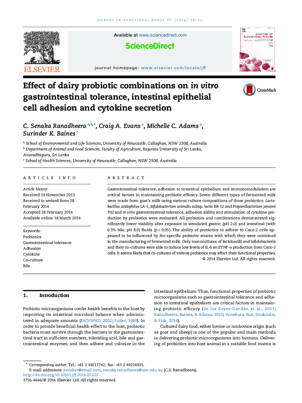 Effect of dairy probiotic combinations on in vitro gastrointestinal tolerance, intestinal epithelial cell adhesion and cytokine secretion