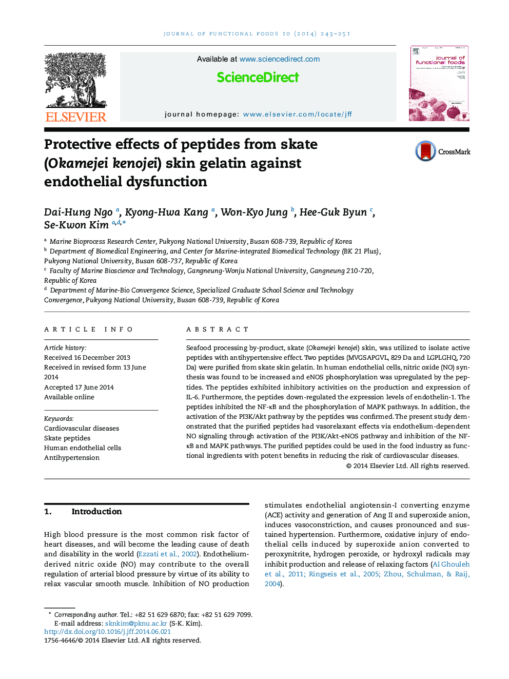 Protective effects of peptides from skate (Okamejei kenojei) skin gelatin against endothelial dysfunction