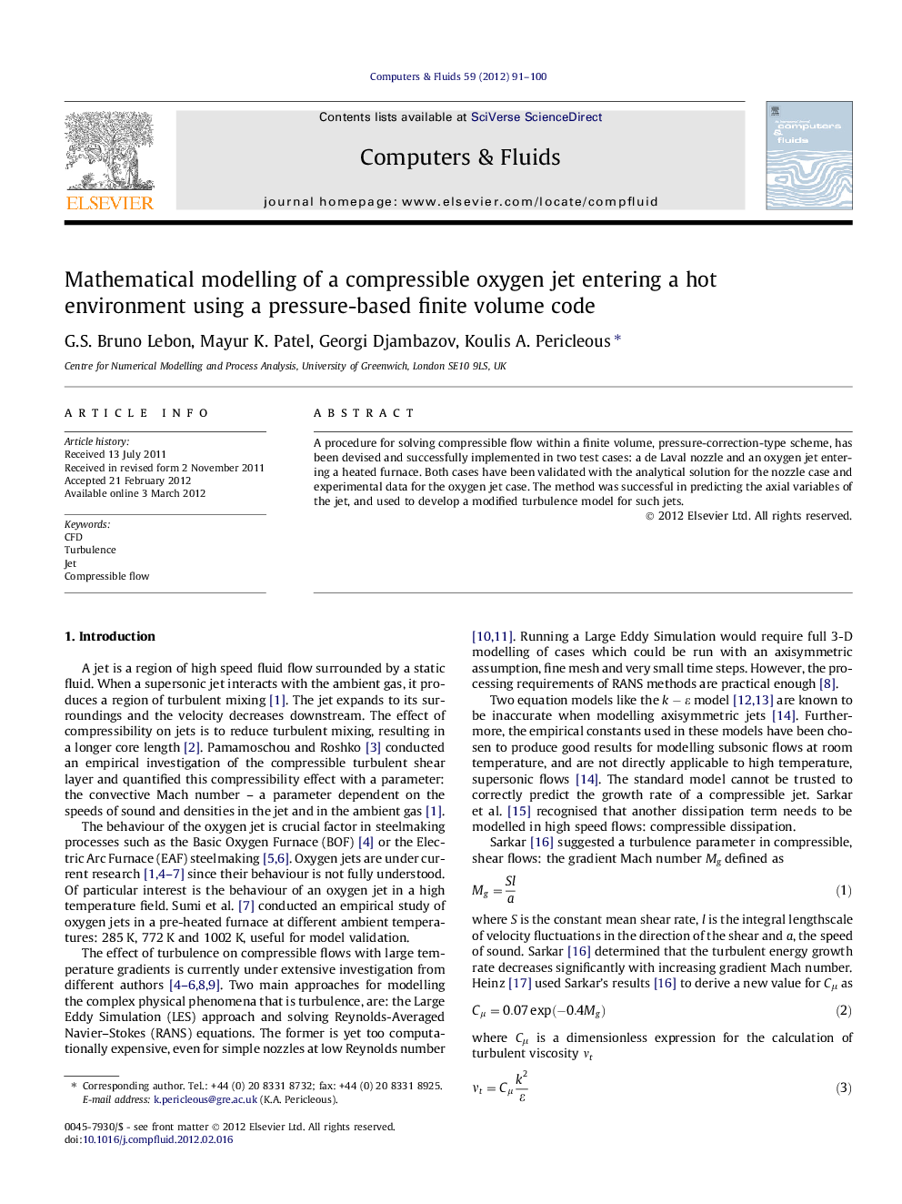 Mathematical modelling of a compressible oxygen jet entering a hot environment using a pressure-based finite volume code