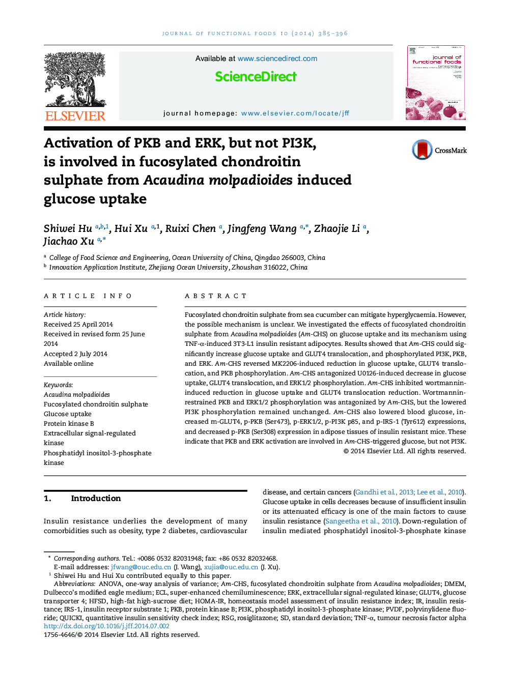 Activation of PKB and ERK, but not PI3K, is involved in fucosylated chondroitin sulphate from Acaudina molpadioides induced glucose uptake