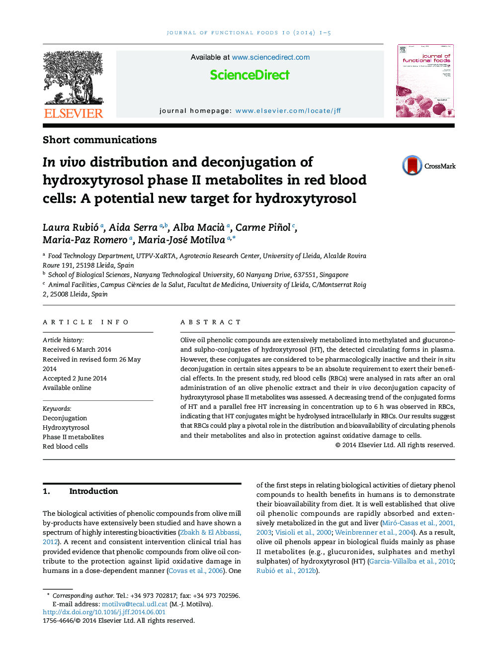 In vivo distribution and deconjugation of hydroxytyrosol phase II metabolites in red blood cells: A potential new target for hydroxytyrosol