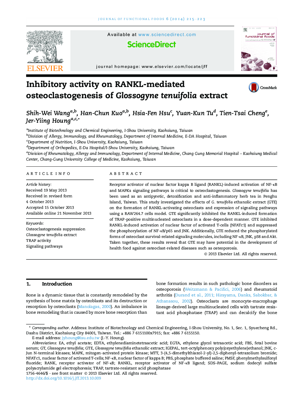 Inhibitory activity on RANKL-mediated osteoclastogenesis of Glossogyne tenuifolia extract