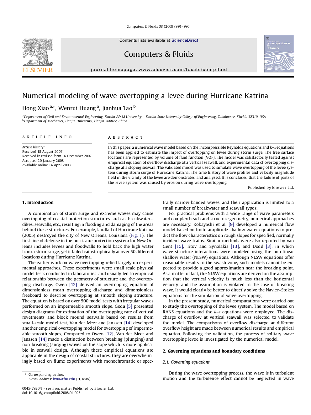 Numerical modeling of wave overtopping a levee during Hurricane Katrina