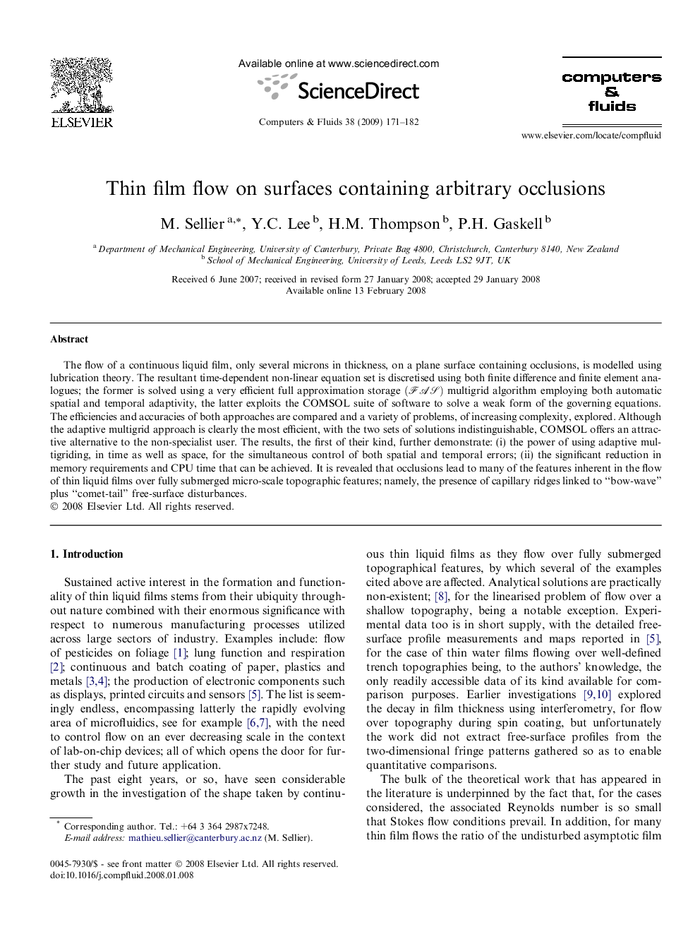 Thin film flow on surfaces containing arbitrary occlusions