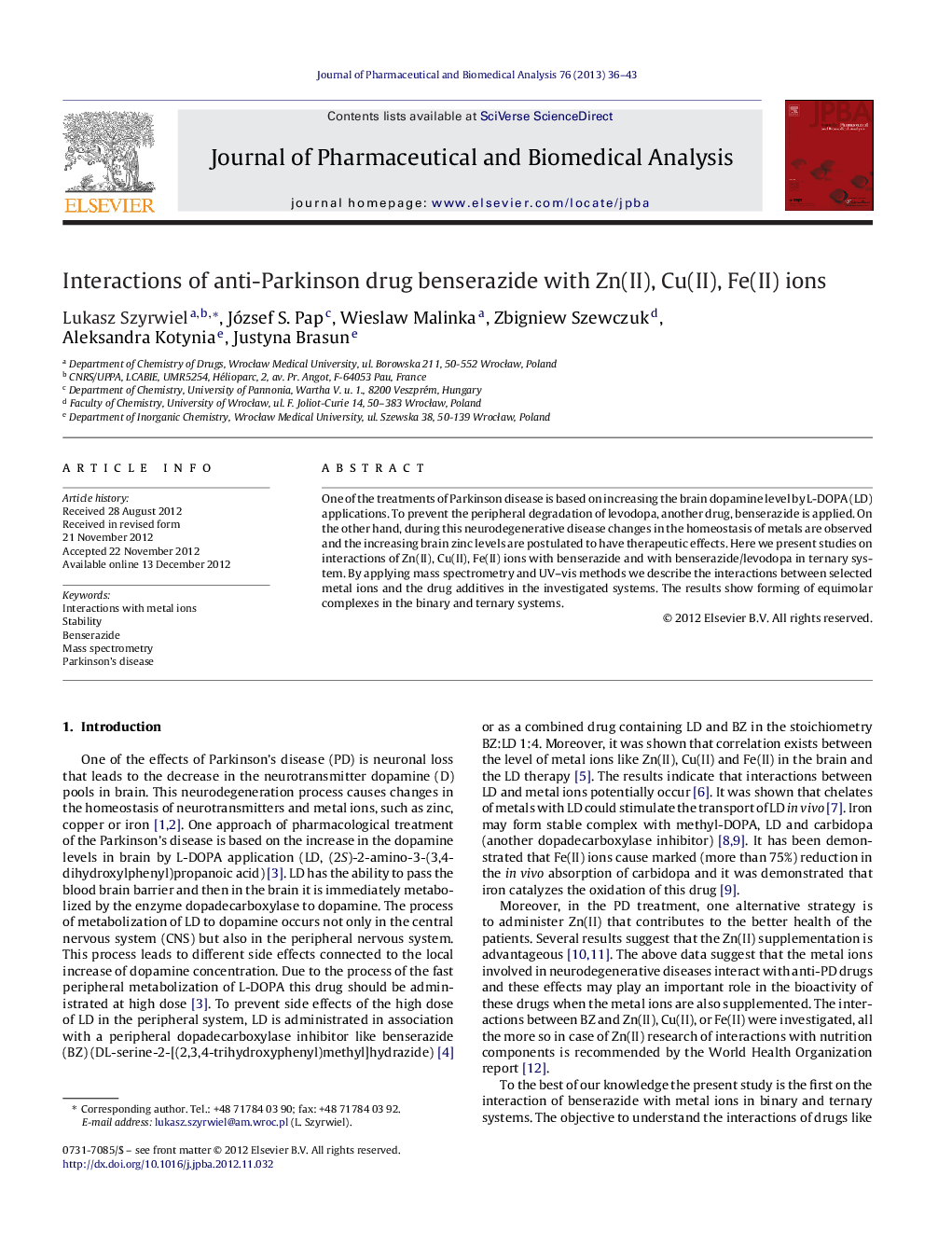 Interactions of anti-Parkinson drug benserazide with Zn(II), Cu(II), Fe(II) ions