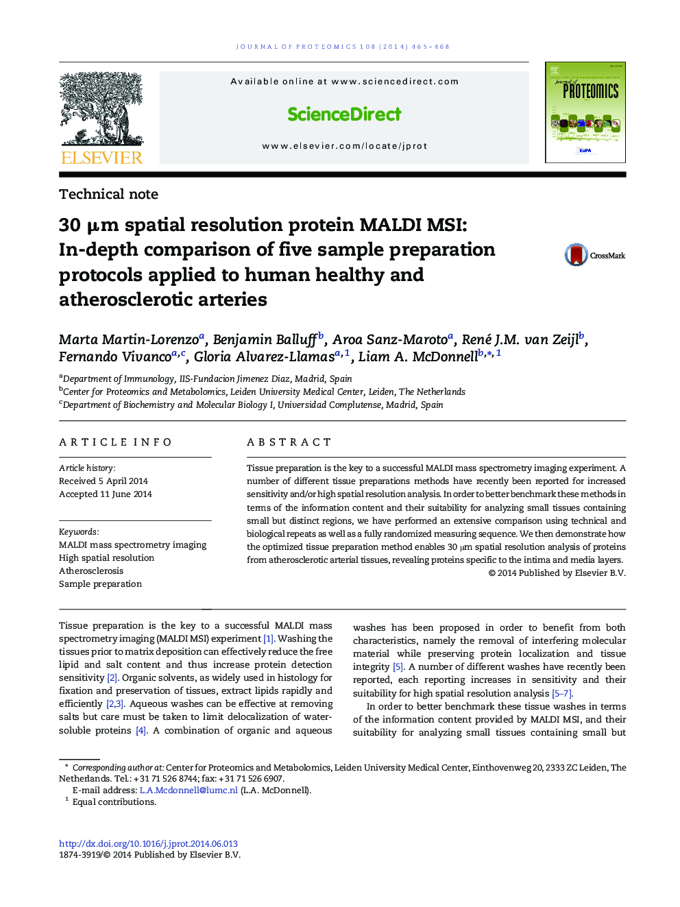 30Â Î¼m spatial resolution protein MALDI MSI: In-depth comparison of five sample preparation protocols applied to human healthy and atherosclerotic arteries