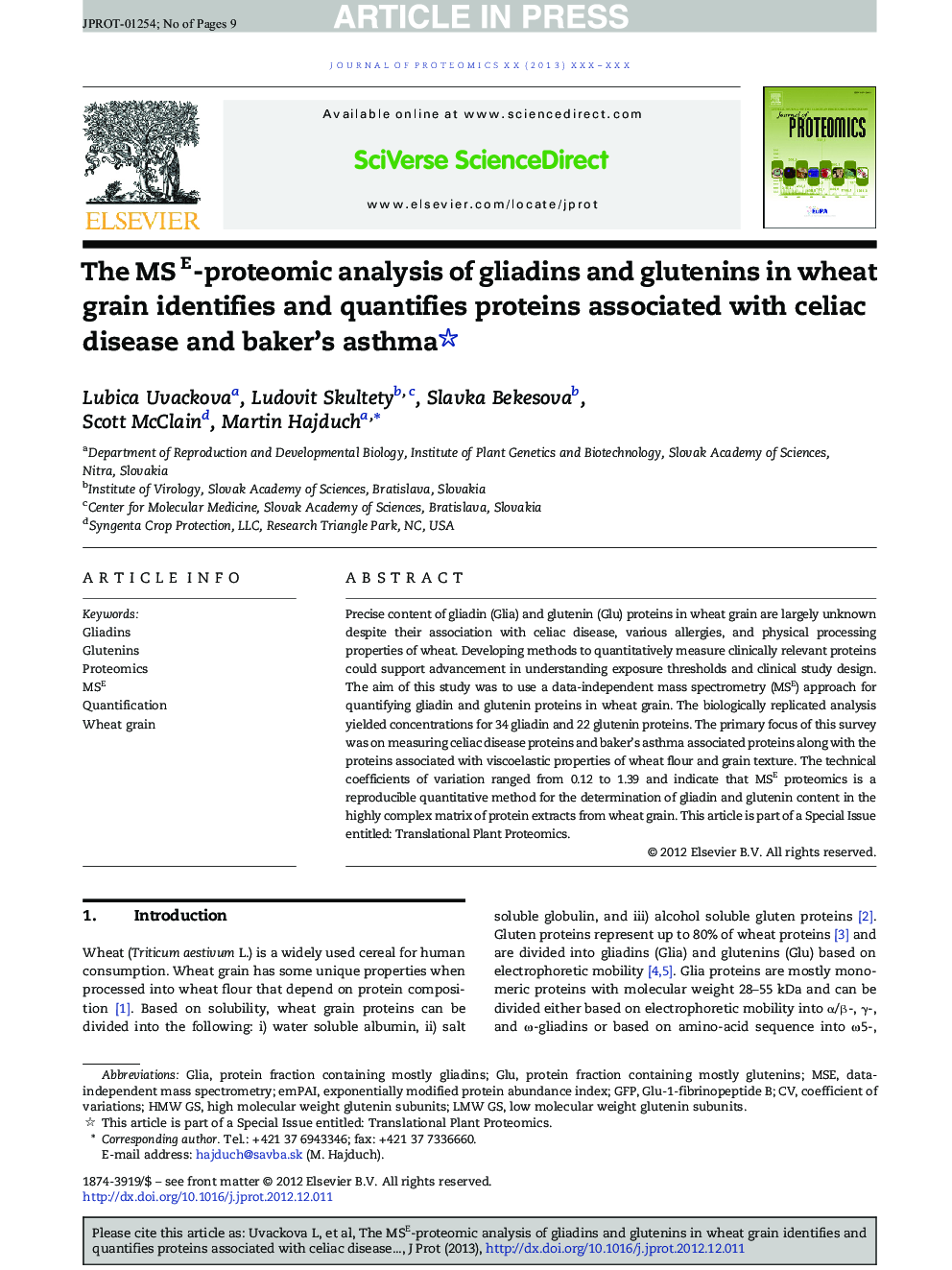 The MSE-proteomic analysis of gliadins and glutenins in wheat grain identifies and quantifies proteins associated with celiac disease and baker's asthma