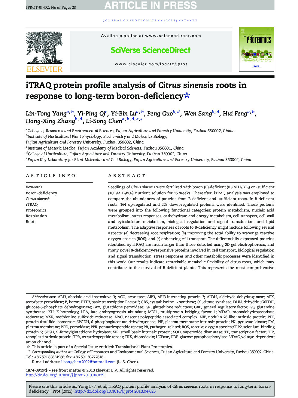 iTRAQ protein profile analysis of Citrus sinensis roots in response to long-term boron-deficiency