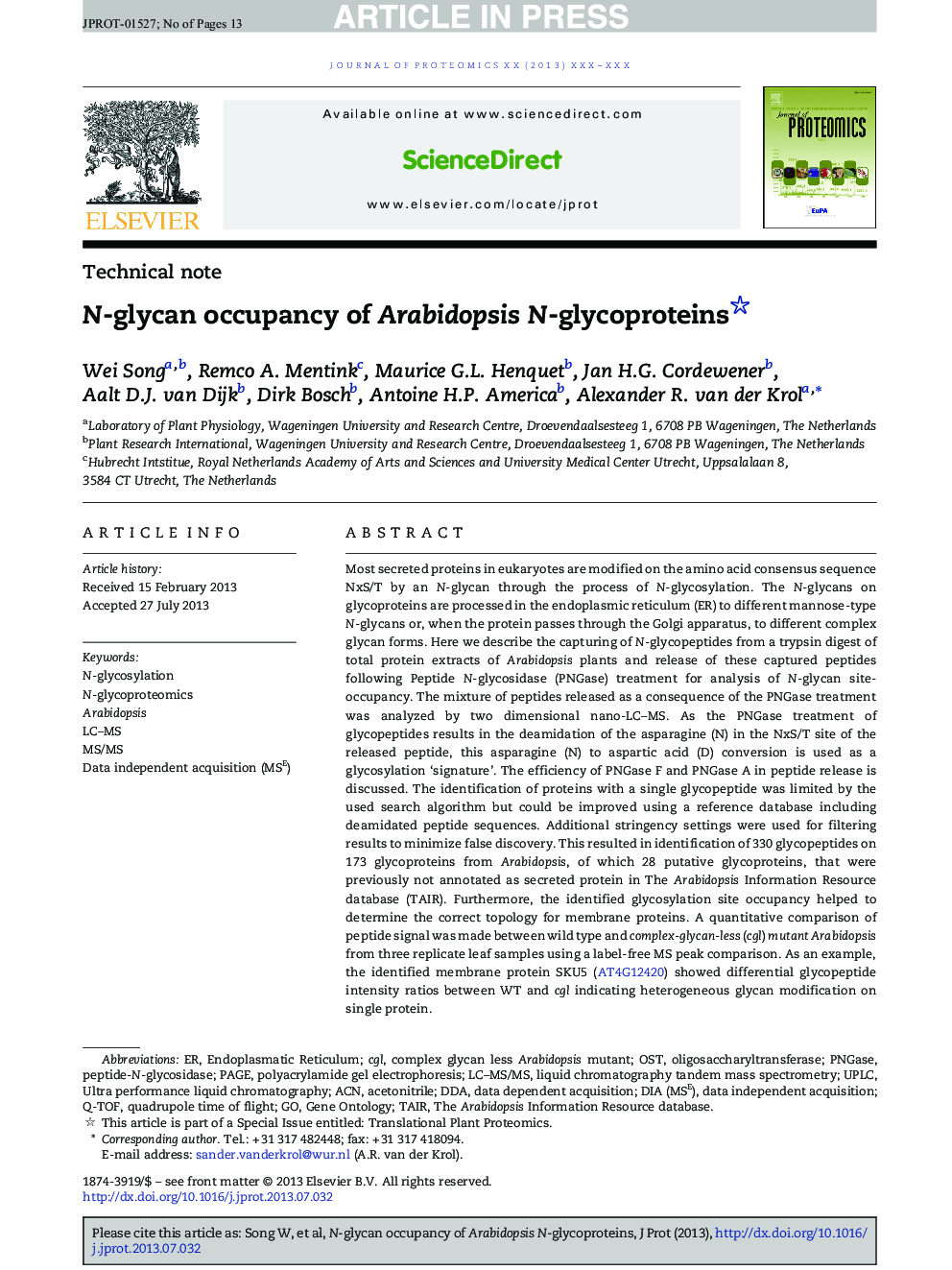 N-glycan occupancy of Arabidopsis N-glycoproteins