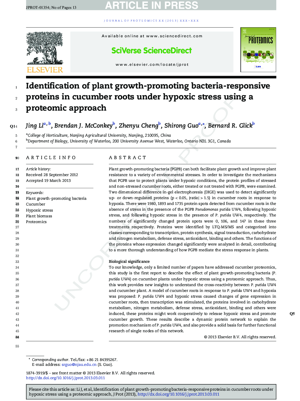 شناسایی پروتئین های باکتری مقاوم در برابر رشد گیاه در ریشه های خیار تحت تنش هیپوکی با استفاده از روش پروتئومیک 