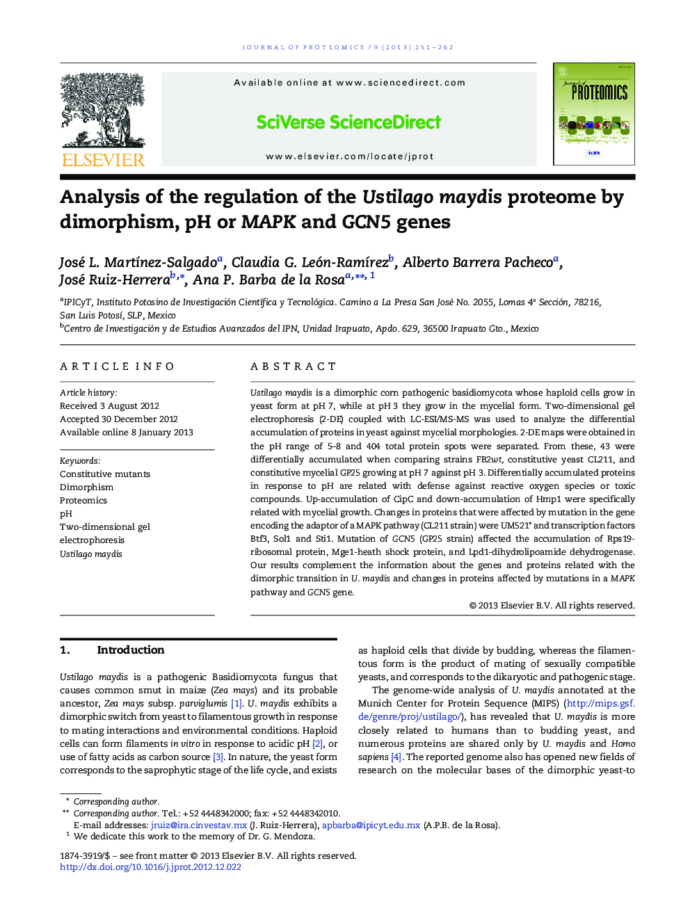 Analysis of the regulation of the Ustilago maydis proteome by dimorphism, pH or MAPK and GCN5 genes