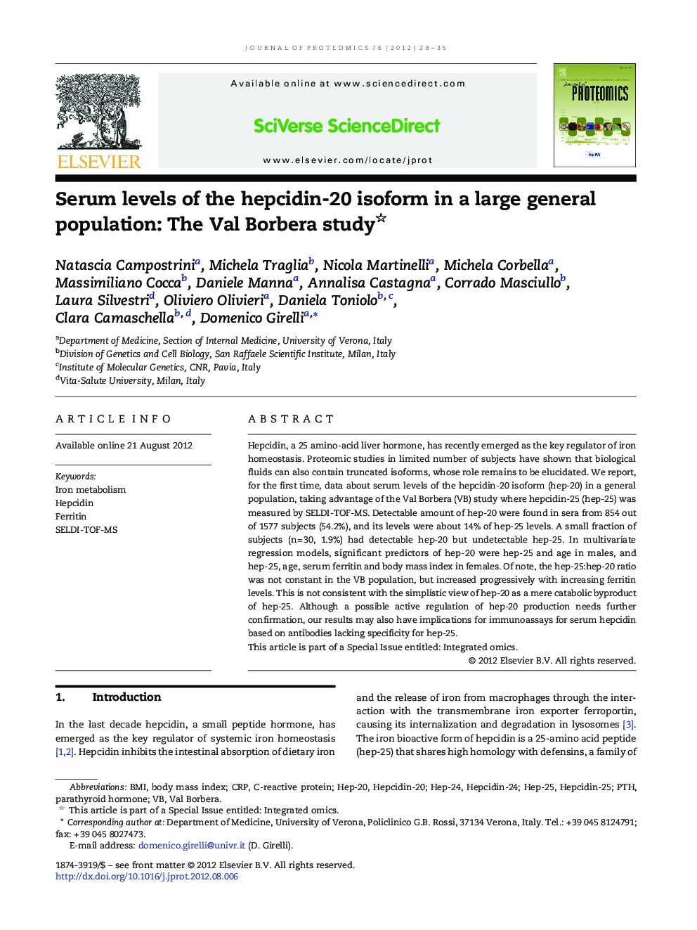 Serum levels of the hepcidin-20 isoform in a large general population: The Val Borbera study