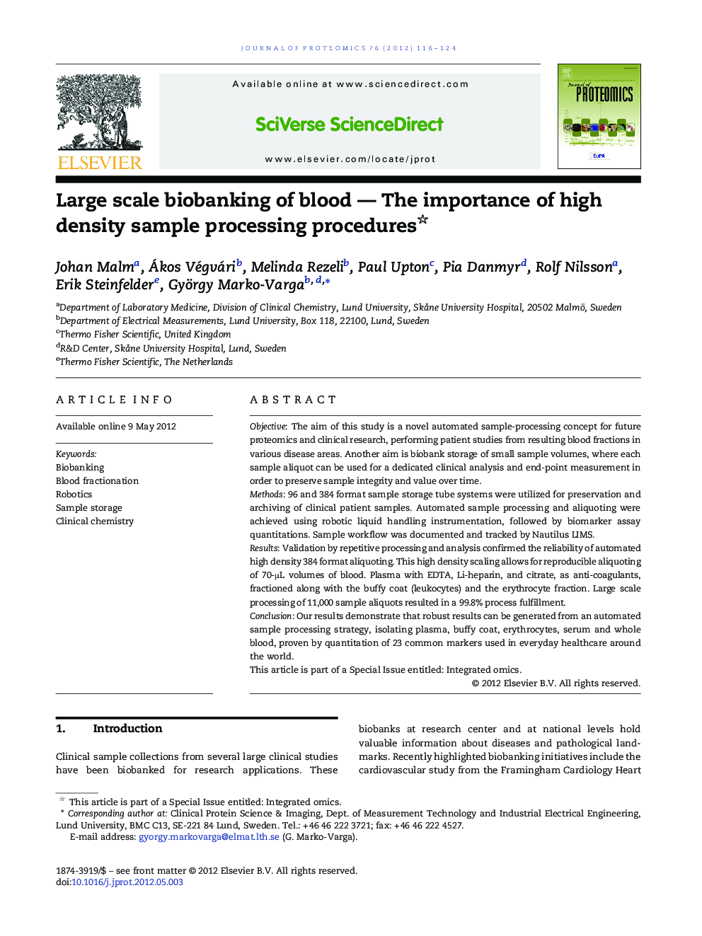Large scale biobanking of blood - The importance of high density sample processing procedures
