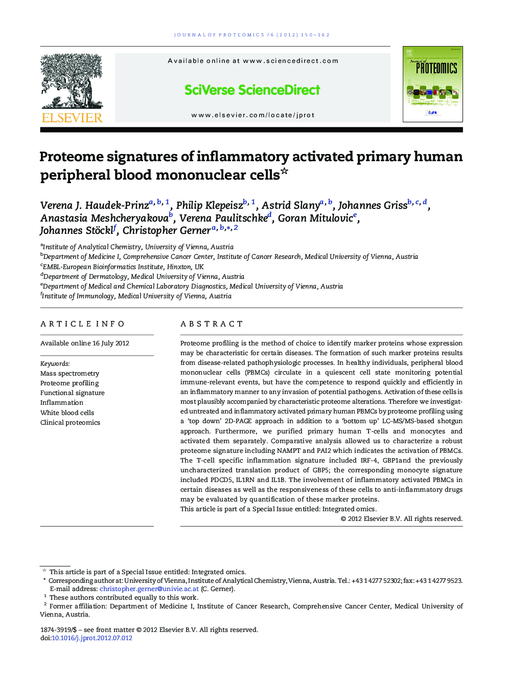 Proteome signatures of inflammatory activated primary human peripheral blood mononuclear cells