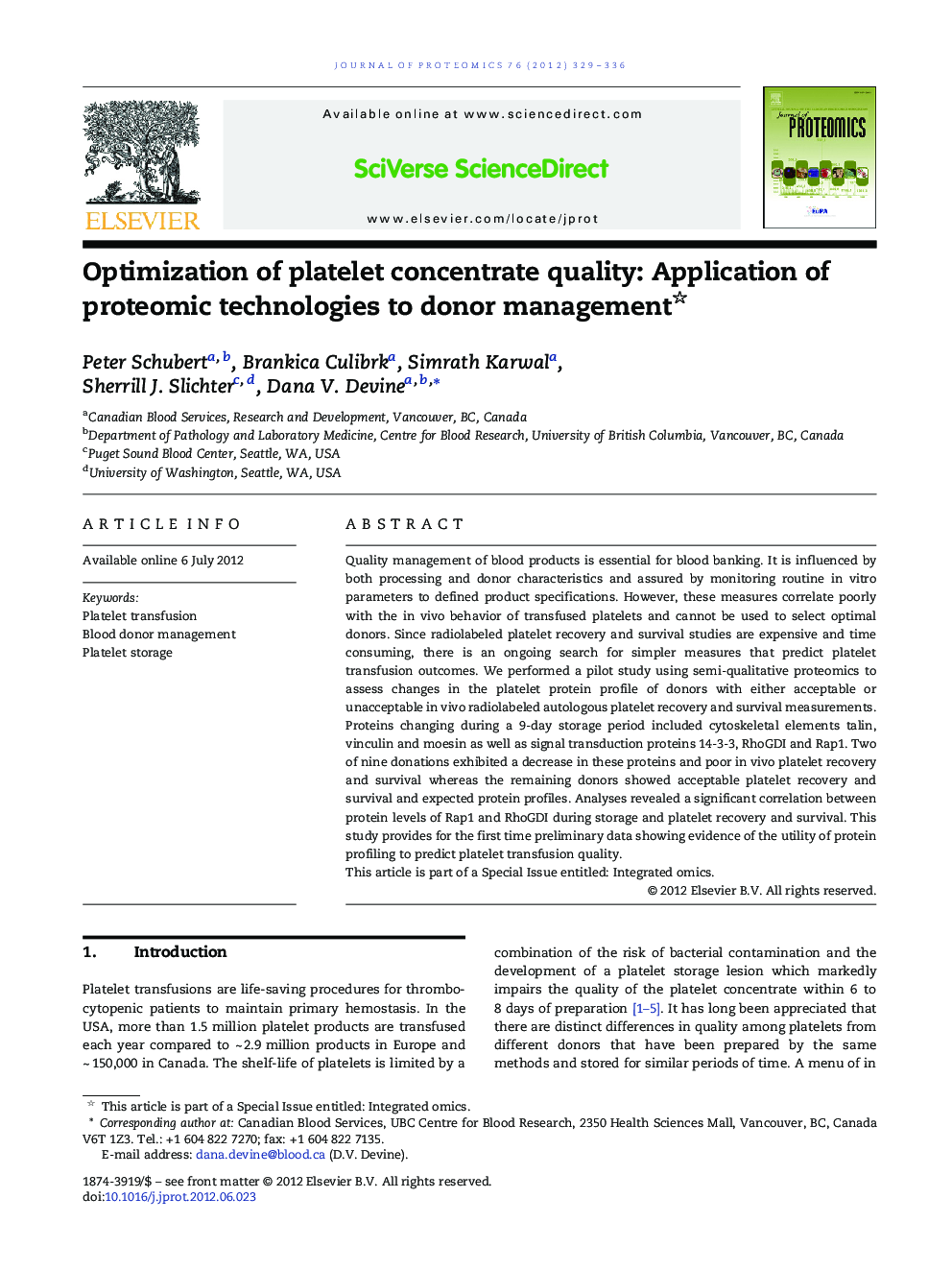 Optimization of platelet concentrate quality: Application of proteomic technologies to donor management