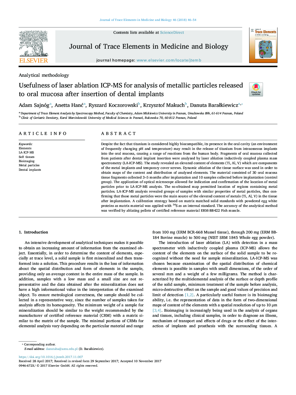 Usefulness of laser ablation ICP-MS for analysis of metallic particles released to oral mucosa after insertion of dental implants