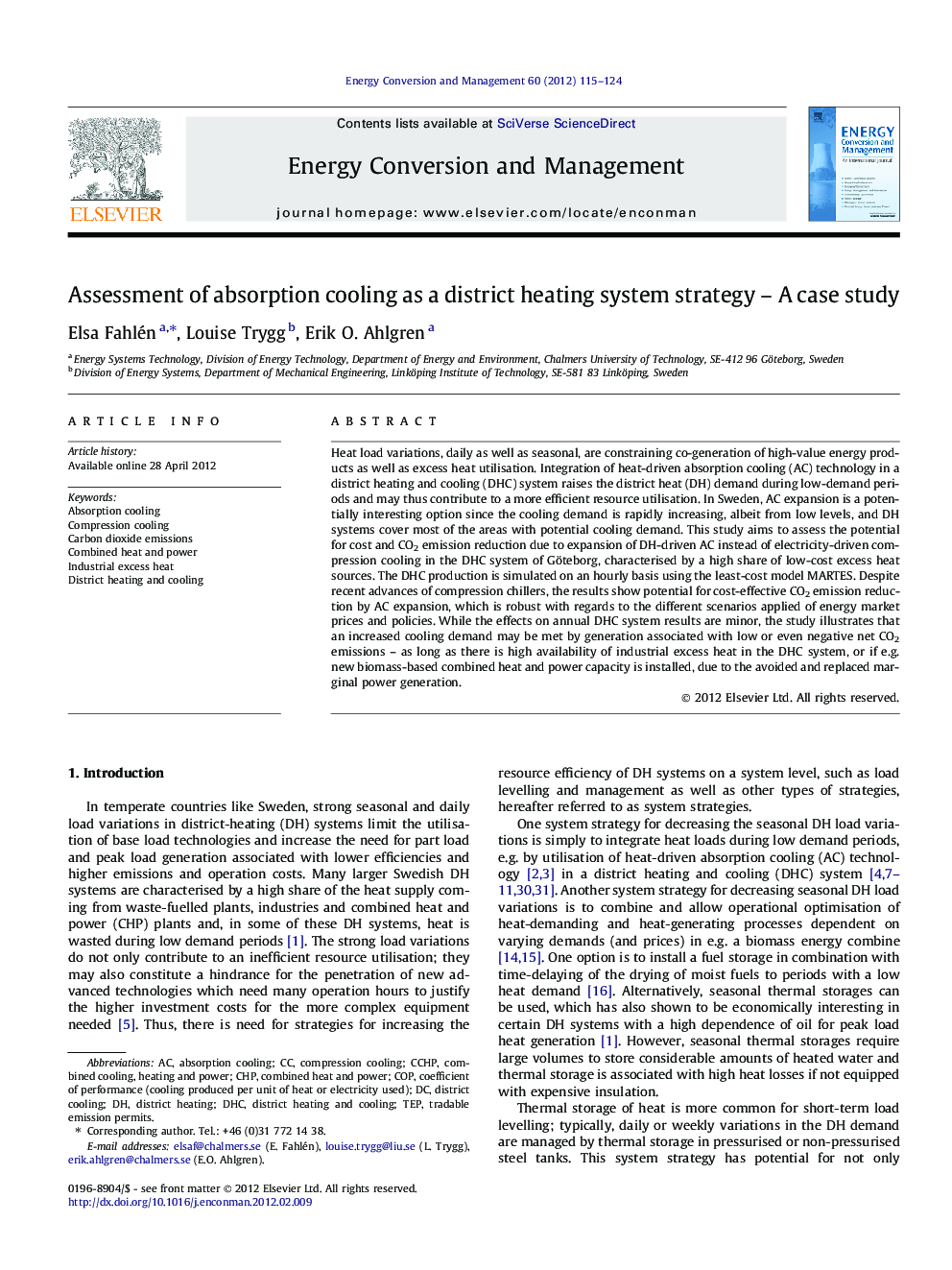 Assessment of absorption cooling as a district heating system strategy – A case study