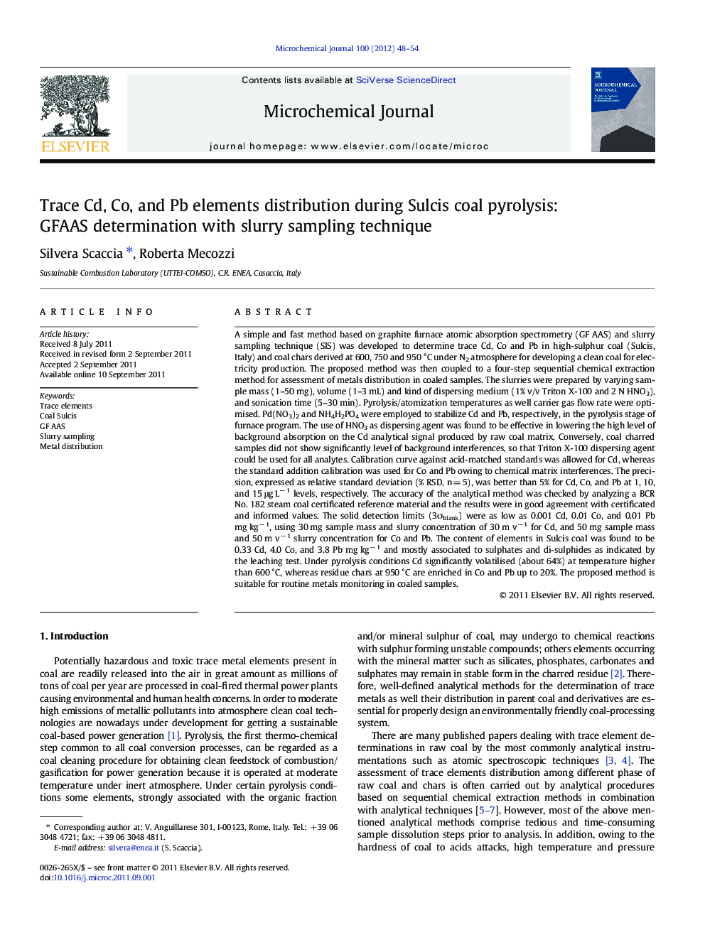 Trace Cd, Co, and Pb elements distribution during Sulcis coal pyrolysis: GFAAS determination with slurry sampling technique