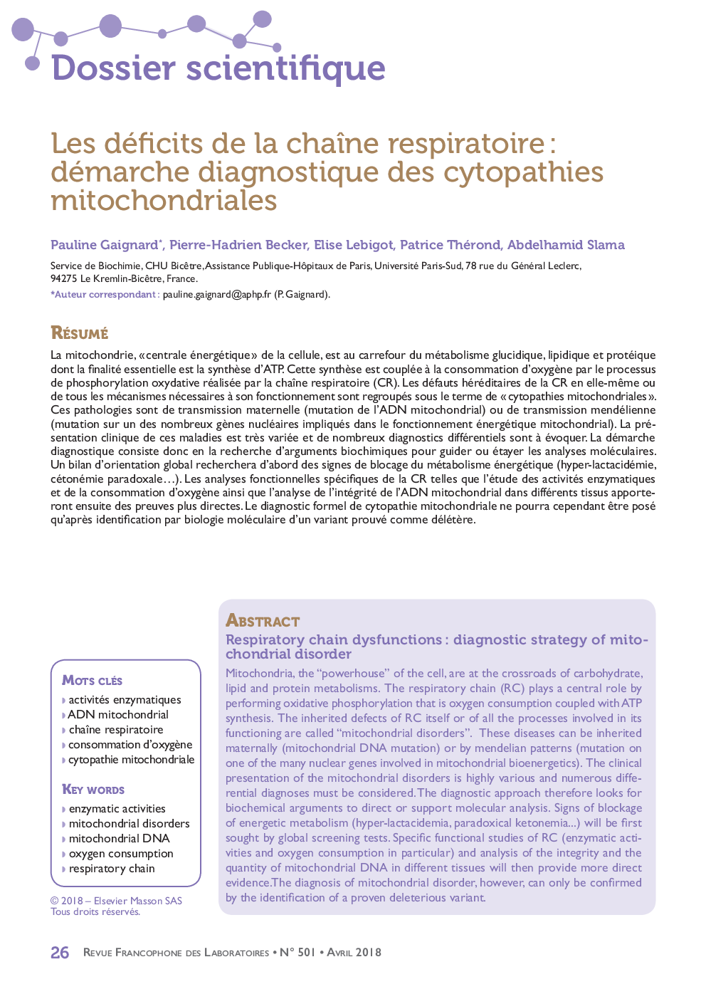 Les déficits de la chaÃ®ne respiratoire : démarche diagnostique des cytopathies mitochondriales