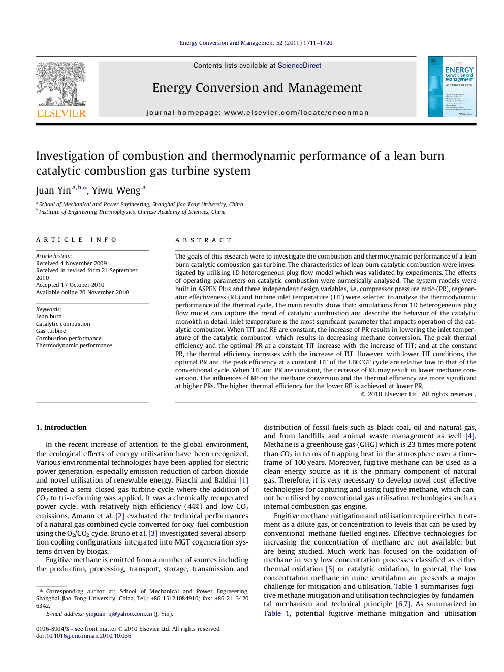 Investigation of combustion and thermodynamic performance of a lean burn catalytic combustion gas turbine system