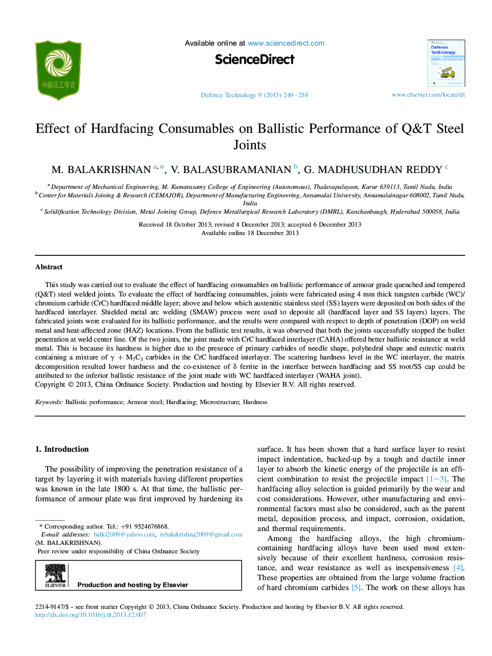 Effect of Hardfacing Consumables on Ballistic Performance of Q&T Steel Joints 