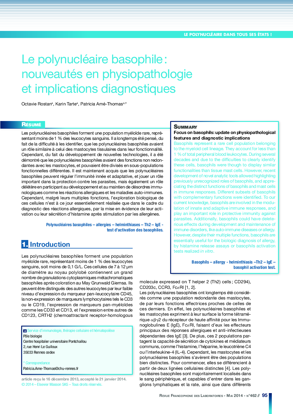 Le polynucléaire basophile: nouveautés en physiopathologie et implications diagnostiques