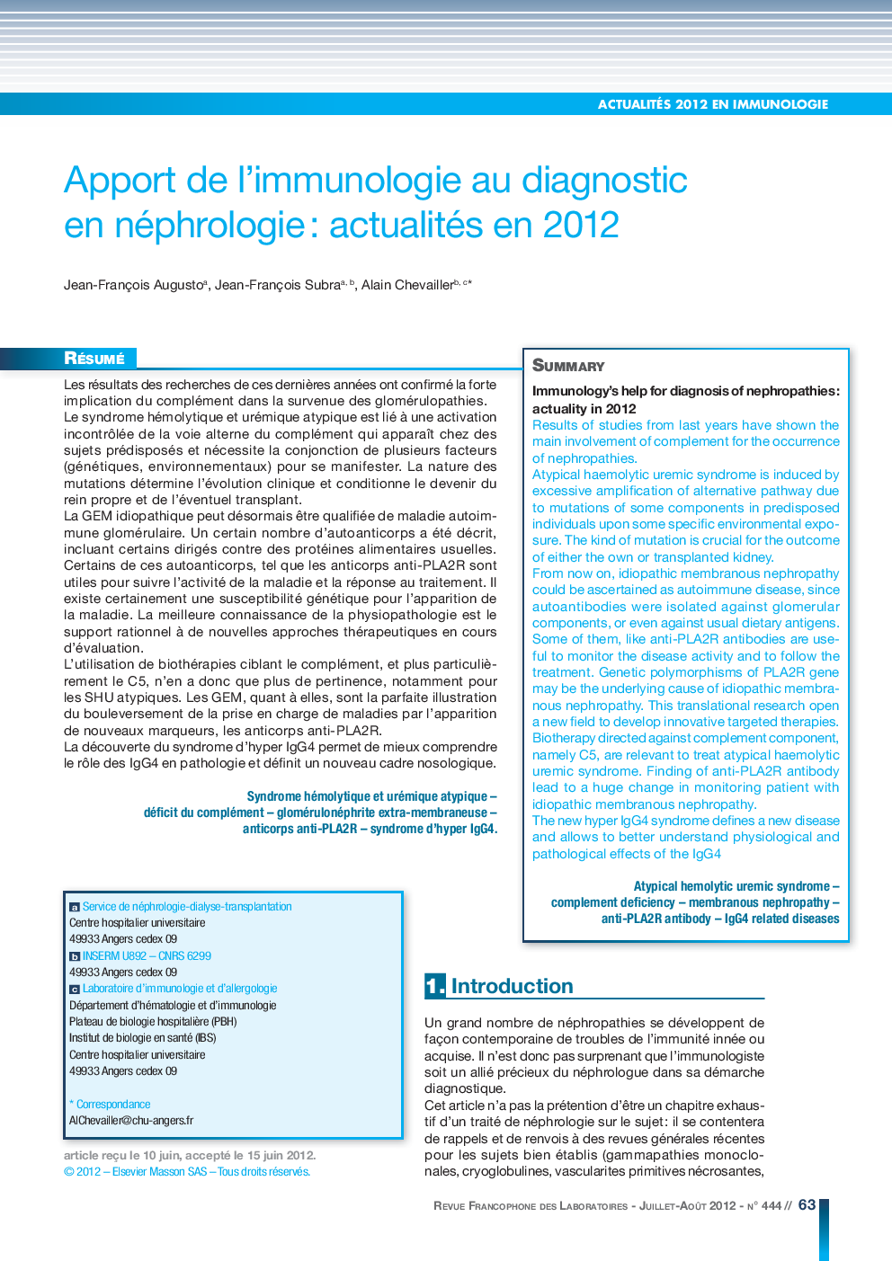 Apport de l'immunologie au diagnostic en néphrologie : actualités en 2012