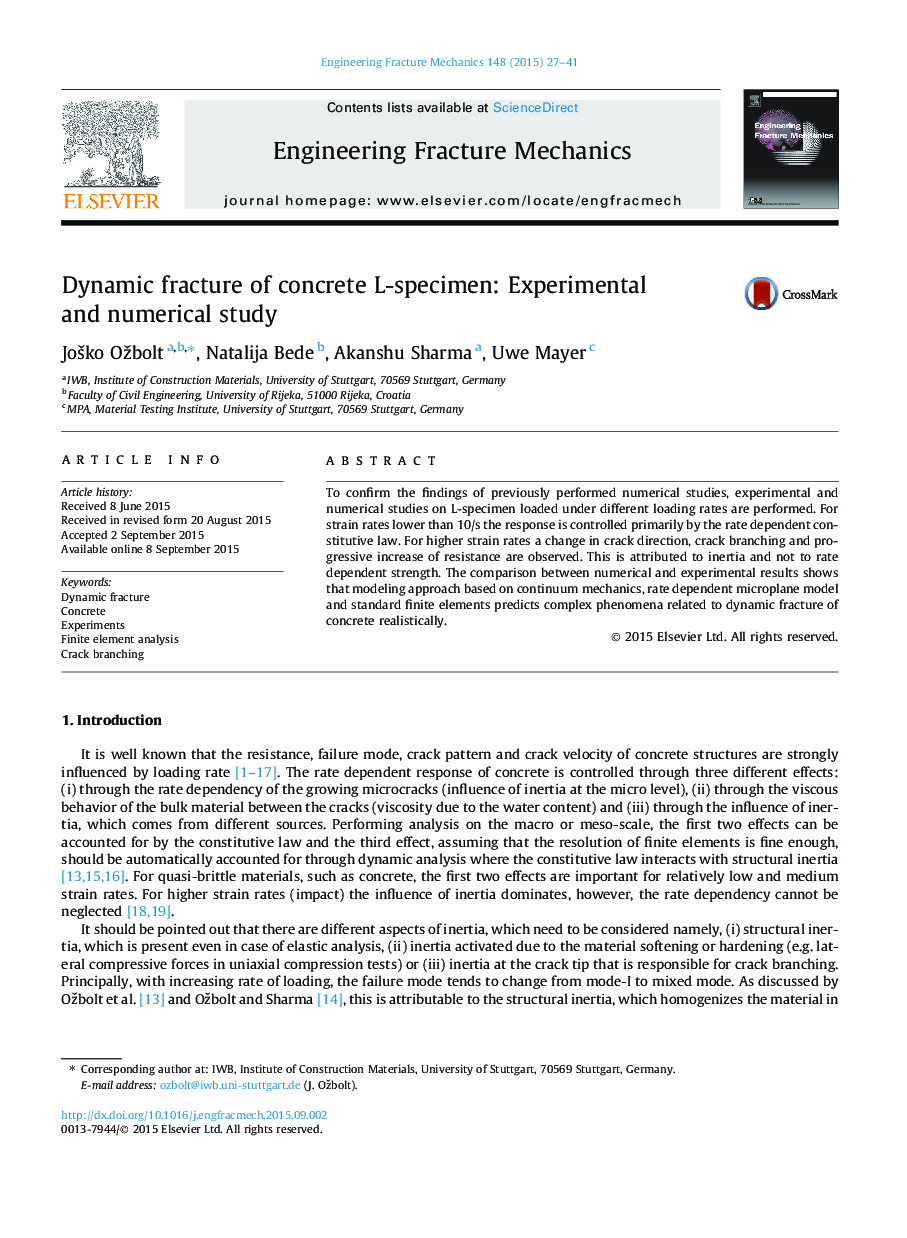 Dynamic fracture of concrete L-specimen: Experimental and numerical study