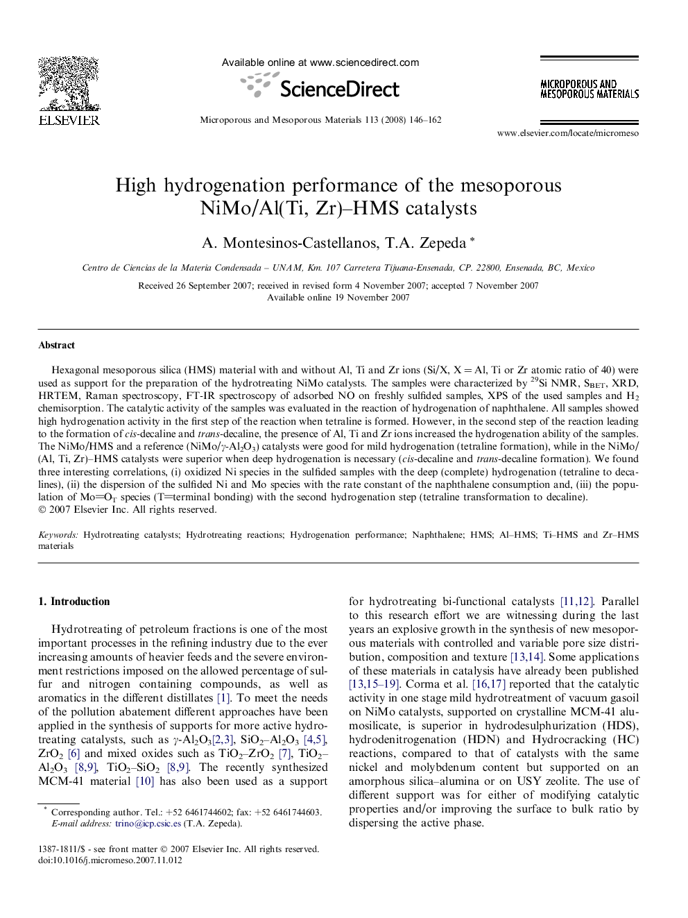 High hydrogenation performance of the mesoporous NiMo/Al(Ti, Zr)–HMS catalysts