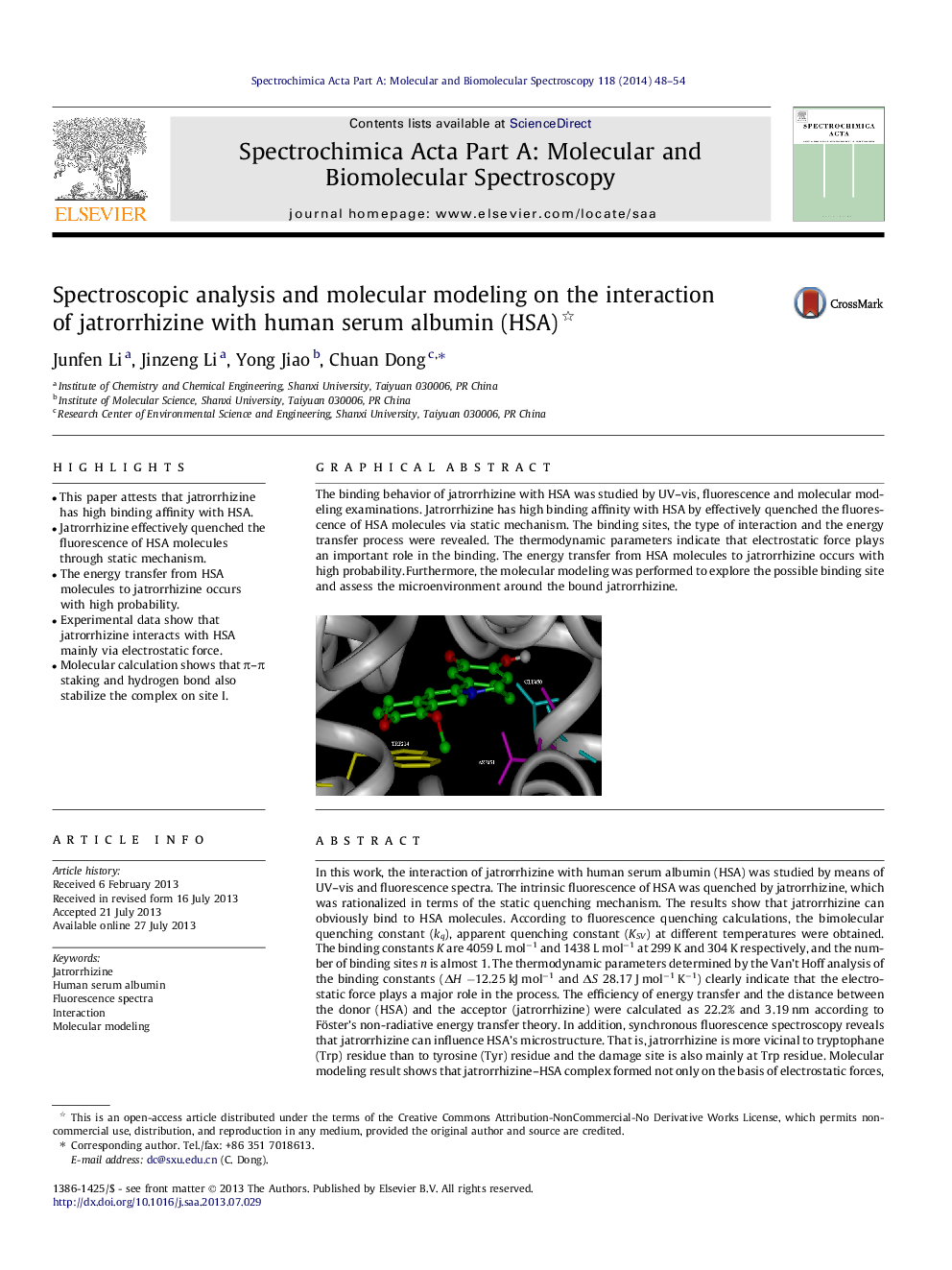 Spectroscopic analysis and molecular modeling on the interaction of jatrorrhizine with human serum albumin (HSA)