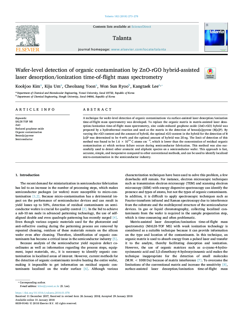 Wafer-level detection of organic contamination by ZnO-rGO hybrid-assisted laser desorption/ionization time-of-flight mass spectrometry