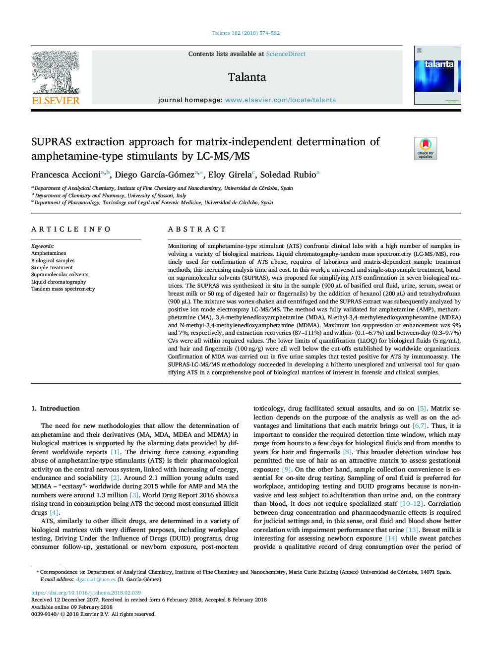 SUPRAS extraction approach for matrix-independent determination of amphetamine-type stimulants by LC-MS/MS