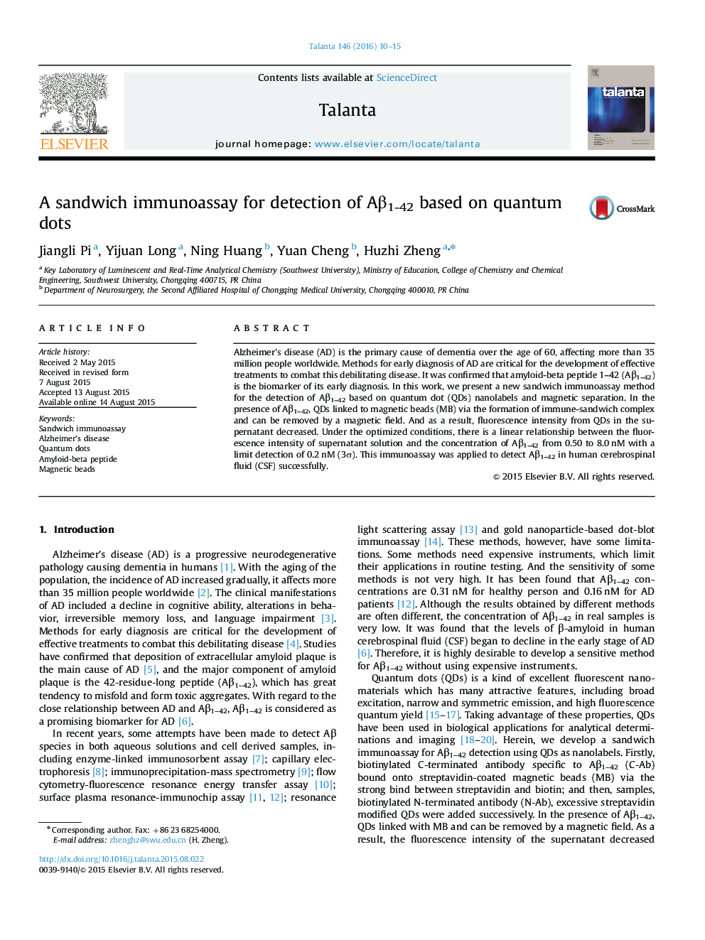 A sandwich immunoassay for detection of AÎ²1-42 based on quantum dots