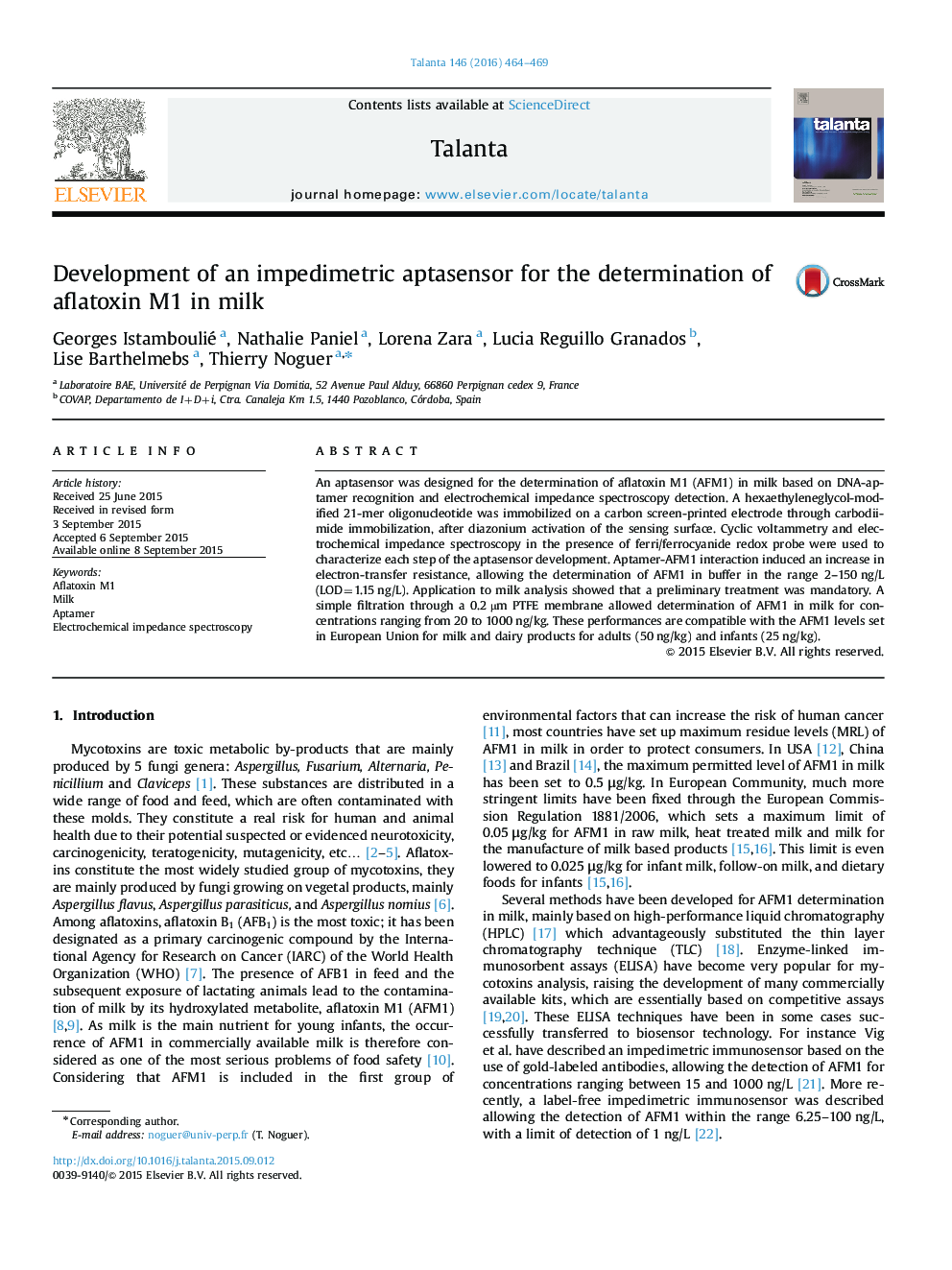 Development of an impedimetric aptasensor for the determination of aflatoxin M1 in milk