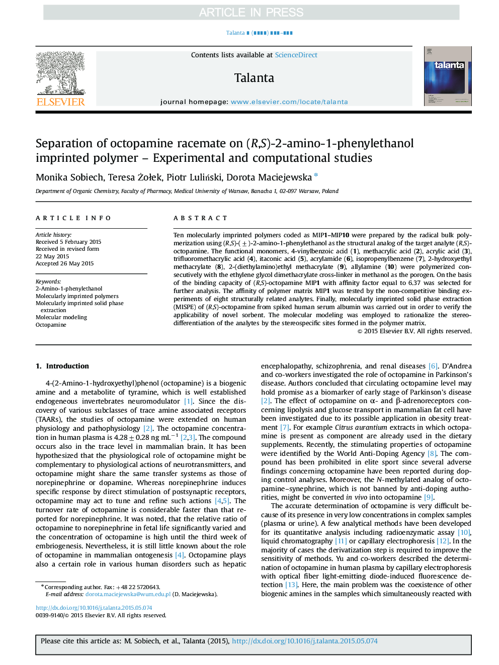 Separation of octopamine racemate on (R,S)-2-amino-1-phenylethanol imprinted polymer - Experimental and computational studies