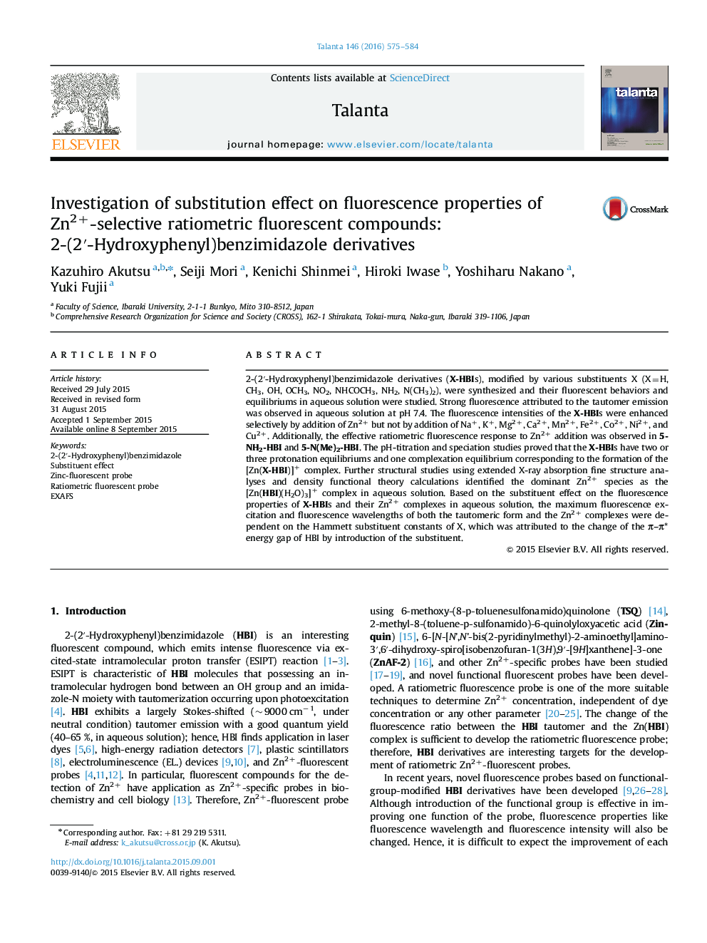 Investigation of substitution effect on fluorescence properties of Zn2+-selective ratiometric fluorescent compounds: 2-(2â²-Hydroxyphenyl)benzimidazole derivatives