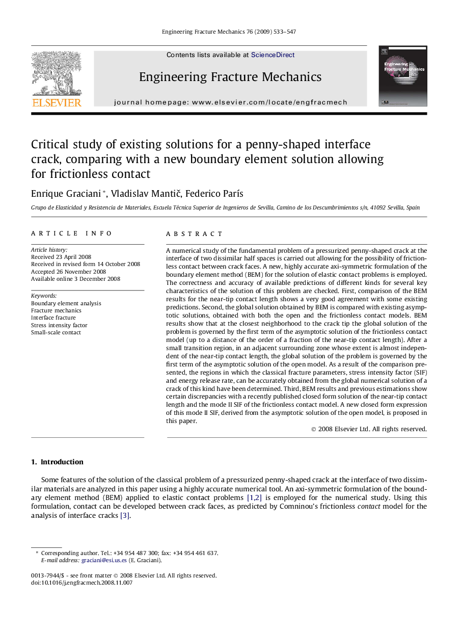 Critical study of existing solutions for a penny-shaped interface crack, comparing with a new boundary element solution allowing for frictionless contact