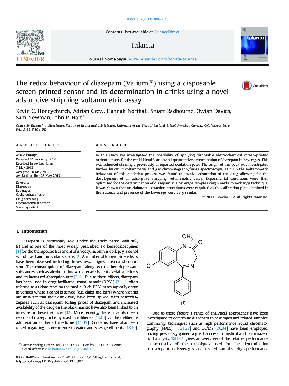 The redox behaviour of diazepam (Valium®) using a disposable screen-printed sensor and its determination in drinks using a novel adsorptive stripping voltammetric assay