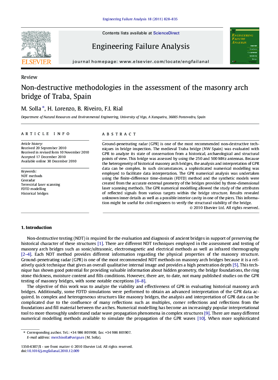 Non-destructive methodologies in the assessment of the masonry arch bridge of Traba, Spain