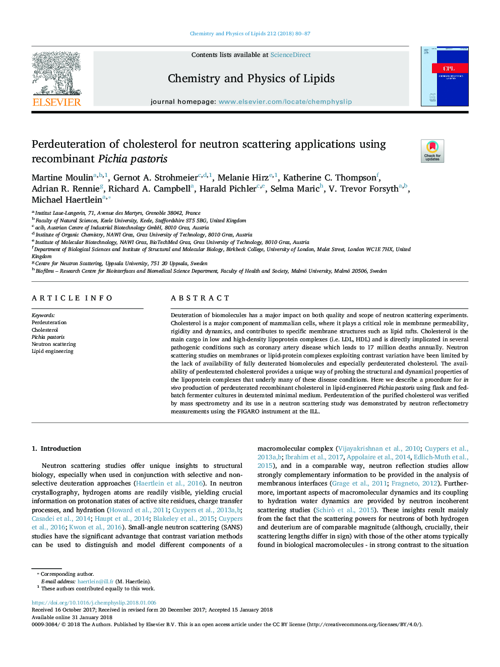 Perdeuteration of cholesterol for neutron scattering applications using recombinant Pichia pastoris