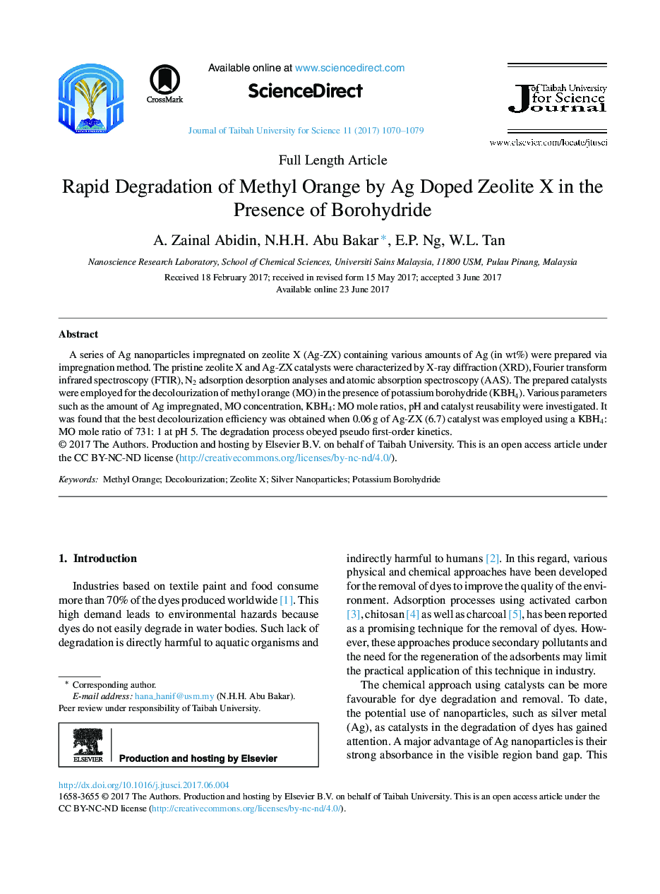Rapid Degradation of Methyl Orange by Ag Doped Zeolite X in the Presence of Borohydride