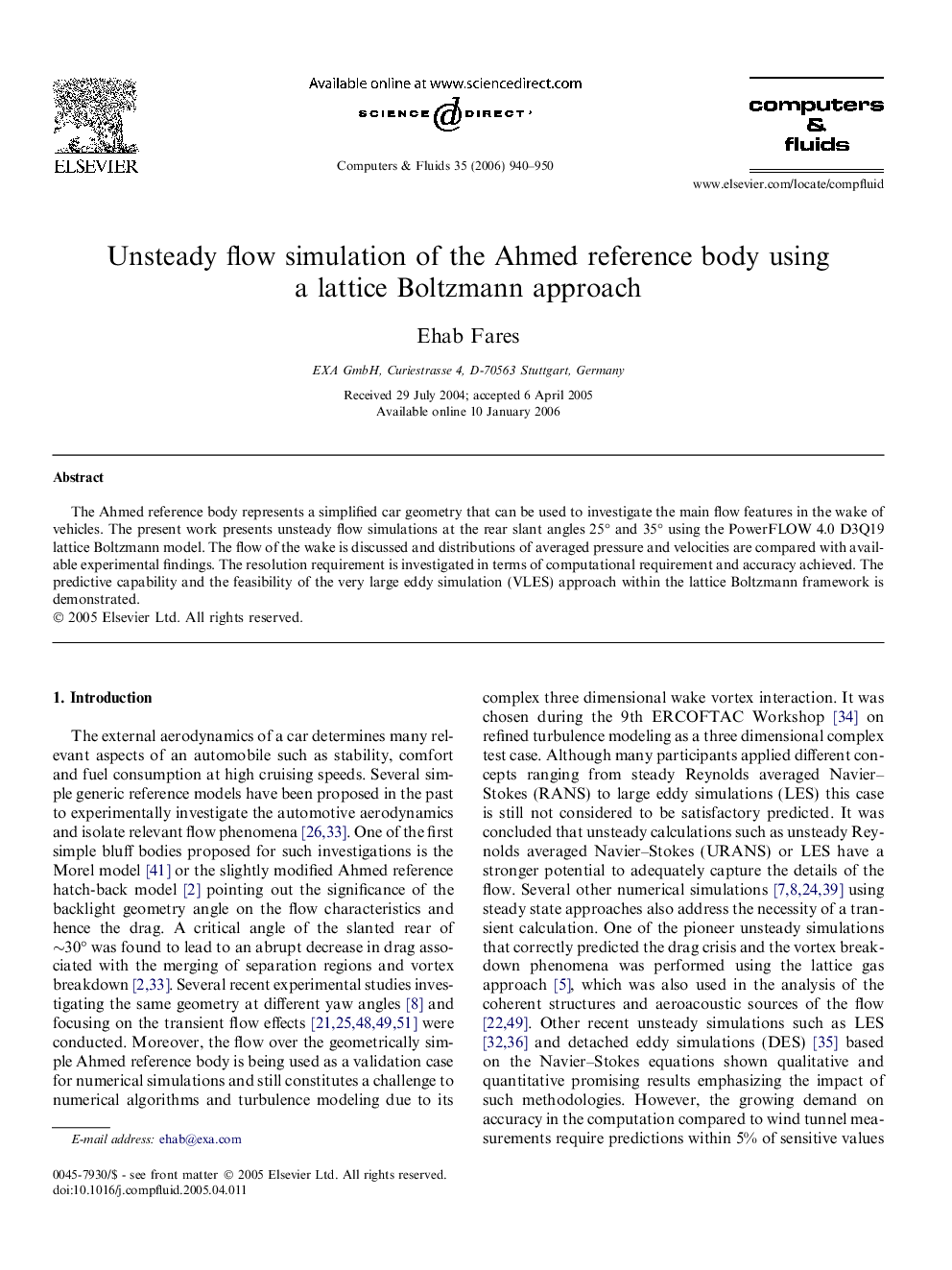 Unsteady flow simulation of the Ahmed reference body using a lattice Boltzmann approach