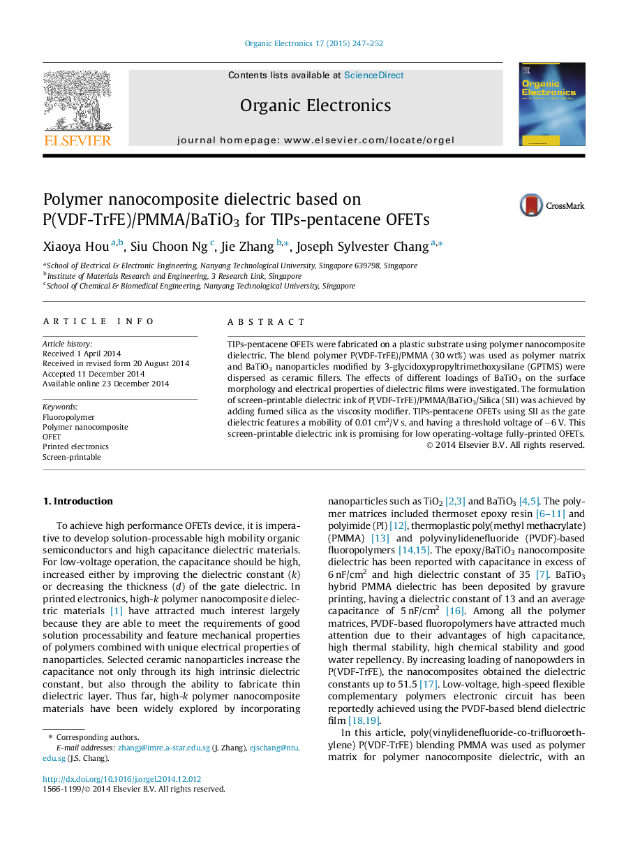 Polymer nanocomposite dielectric based on P(VDF-TrFE)/PMMA/BaTiO3 for TIPs-pentacene OFETs