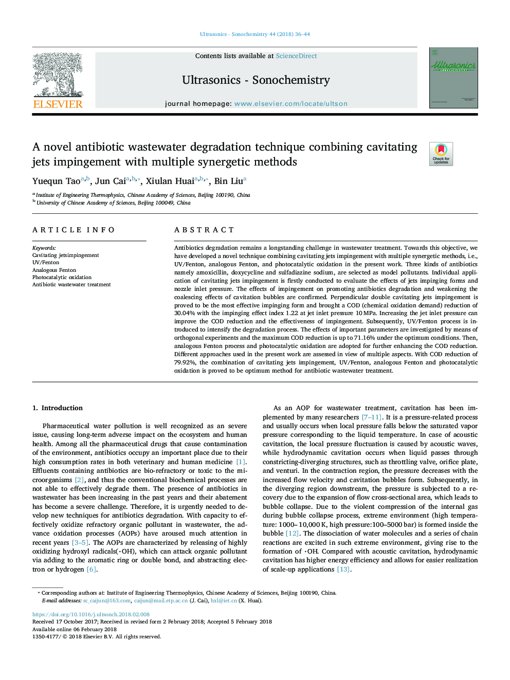 A novel antibiotic wastewater degradation technique combining cavitating jets impingement with multiple synergetic methods